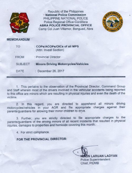 MINORS PROHIBITED FROM DRIVING - Province of Abra