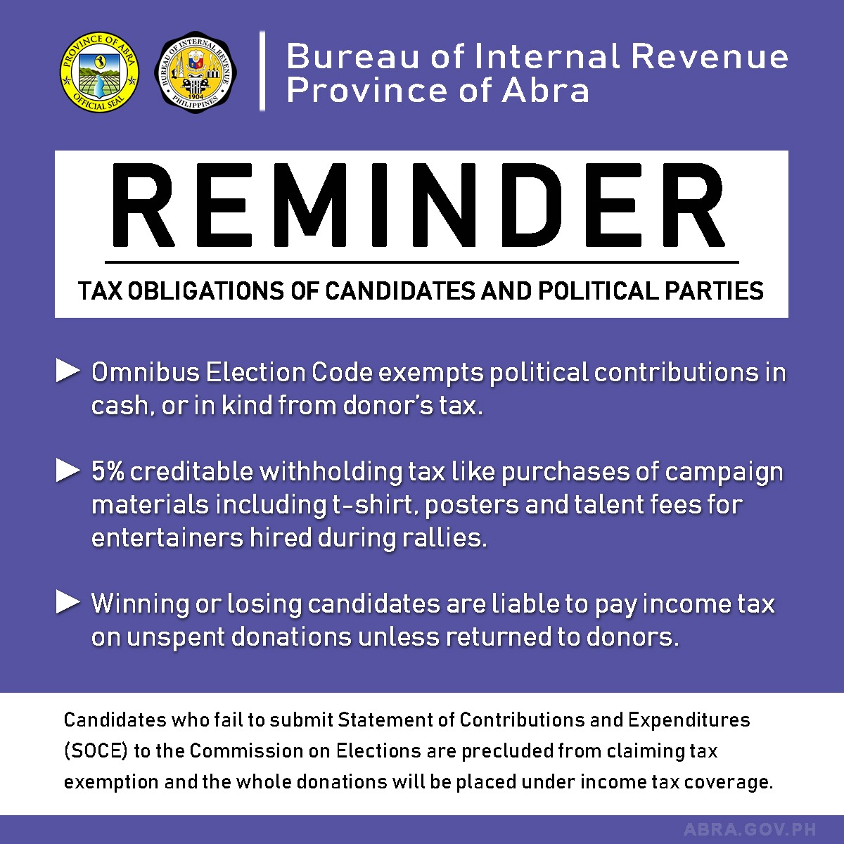 The Bureau of Internal Revenue (BIR) District Office-Abra is reminding 